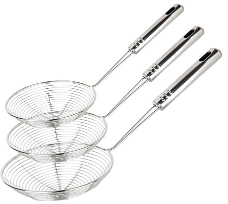 Swify - Juego de 3 espumaderas de araña asiáticas de acero inoxidable, cucharones con mango para cocina, coladores ideales para freír, pasta, espaguetis o fideos, de 30,5 cm, 32 cm y 35 cm