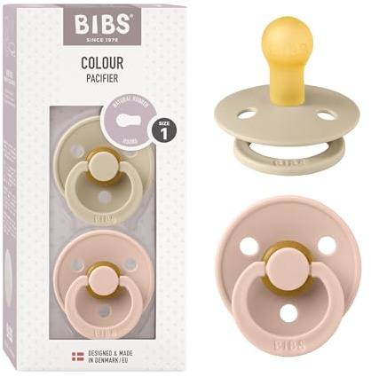 BIBS Colour Soother 2-Pack, BPA Free Dummy Pacifier, Round Nipple. Natural Rubber Latex, Size 1 (0-6 Months), Vanilla/Blush