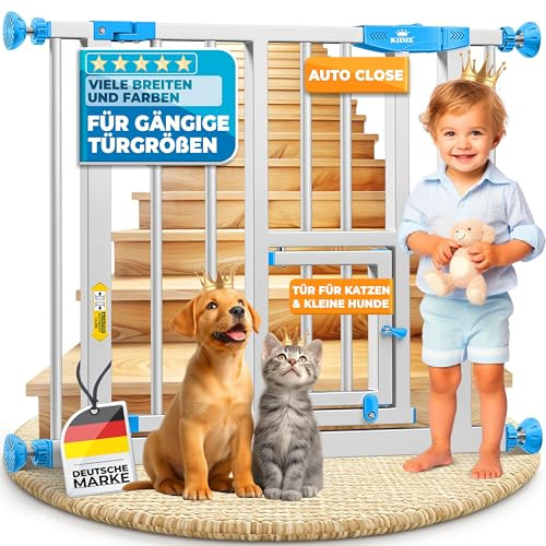 KIDIZ Absperrgitter zum Klemmen mit Katzenklappe, Türschutzgitter, Autoclose Kinder Treppengitter ohne Bohren | 90° Stopp Schutz, schwenkbar, Treppenschutzgitter, Weiß/Blau, Breite: 74-80 cm