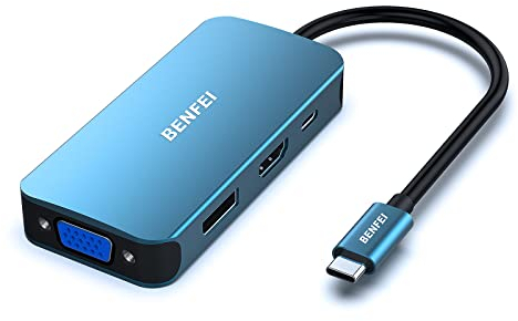 BENFEI USB C HUB 4in1, USB Typ-C zu HDMI VGA DisplayPort MST adapter mit 100W Power Delivery, kompatibel für iPhone 15 Pro/Max MacBook Pro/Air 2023 iPad Pro iMac S23 XPS 17 usw, Blau