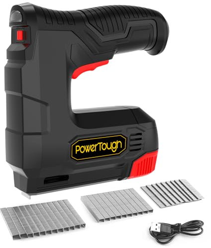 Powertough 4 v elektrisk sladdlös häftpistol 2-i-1 trådlös häftapparat, 1,5 Ah batteridriven spikpistol för klädselhantverk, gör-det-själv, inklusive USB-laddningskabel 2 000 st gratis häftklamrar och