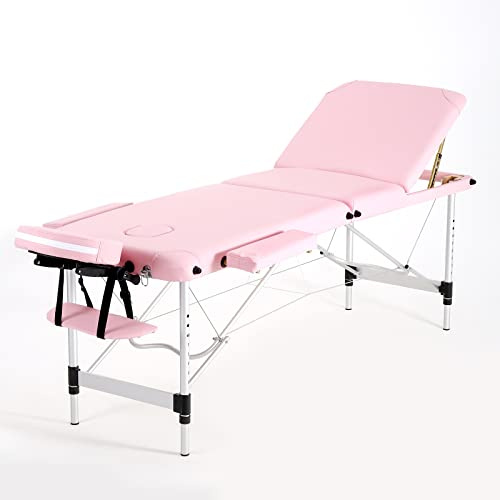 Panana Portable Massage Table Folding Lightweight Beauty Salon Spa Bed Therapy Couch (Pink, 3-Section, Aluminum Leg)