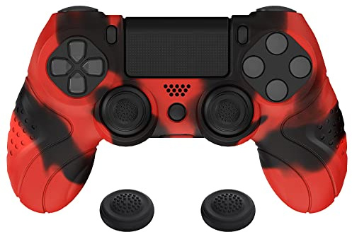 PlayVital Funda de Silicona para ps4/Slim/Pro Mando - Carcasa Protectora Suave y Antideslizante, Carcasa con 2 Tapas de Joystick, Diseño Ergonómico - Edición Guardian (Rojo & Negro)