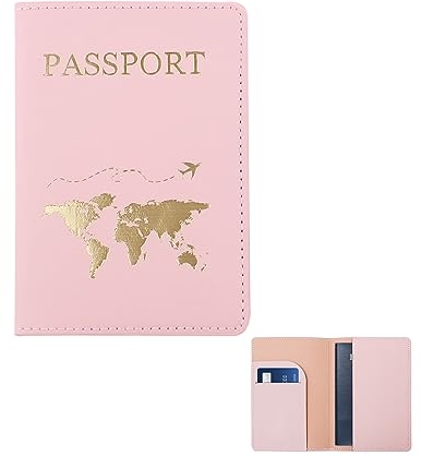 FuninCrea Reisepass Halter, PU Leder Reisepass Abdeckung Reise Geldbörse mit Mehreren Slots, schlanke Reisepasshülle Geldbörse mit goldenem Muster für Reisepaß, Visitenkarten, Kreditkarten (Rosa)