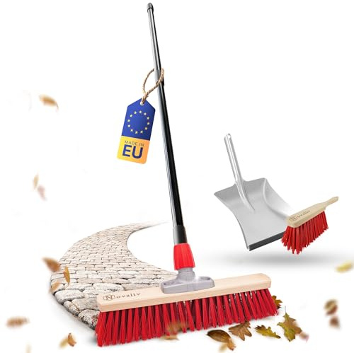 Novaliv Balai de rue avec manche télescopique de 40 cm - Avec poignée de buse et balayette en élasthanne rouge - Avec manche extensible - Balai industriel - Balai de jardin