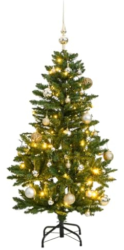 vidaXL Weihnachtsbaum, Klappbar Christbaum mit 150 LEDs Kugeln Ständer, Beleuchtet Tannenbaum Kunstbaum mit 8 Beleuchtungsmodi, Weihnachtsdeko Dekobaum, 150cm