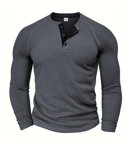 Long Sleeve Shirts for Men Henley Long Sleeve Pullover Cotton Ribbed Waffle Henley Sweatshirt Slim Fit T-Shirt Slim Fit Sports Muscle Shirts Casual Stretch Tops Plain, O Grey, S