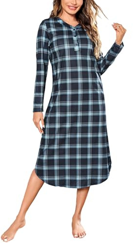 Irdcomsps Camisón Mujer Algodon Largo para Mujer Camisa de Dormir de algodón de Manga Larga Vestido de Noche a Cuadros Botones con Cuello en V Azul XL