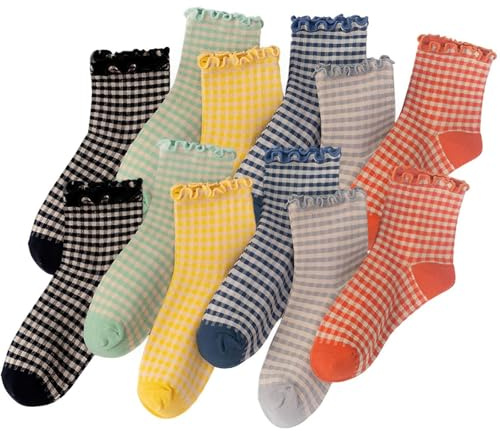 PanAcratis 6 Pairs Frilly Socks Women Cute Socks Striped Frilly Soft Comfortable and Breathable Casual