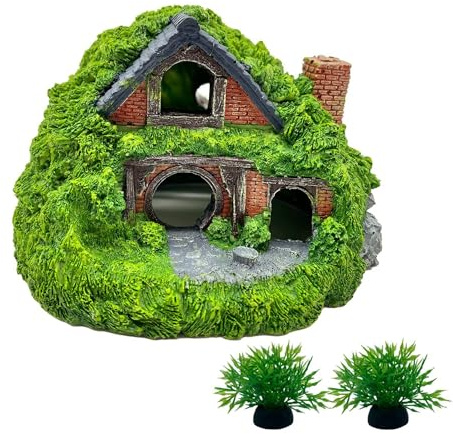 Guangyu Décoration d'aquarium, maison de hobbit, cachette Betta, cachette de reptiles avec trou creux pour aquariums, ornements de chalet, grotte, jardin de rocaille, plantes, accessoires d'aquarium