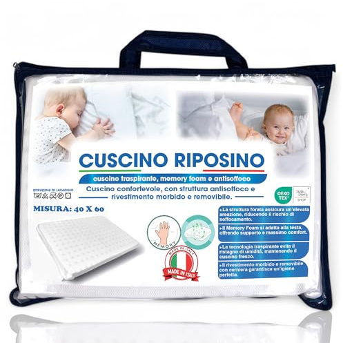 Tex family Cuscino Memory Foam Bambini - Antisoffoco, Traspirante, Ipoallergenico, Sfoderabile - Guanciale Ergonomico per Culla e Lettino - Made in Italy - 40x60 cm