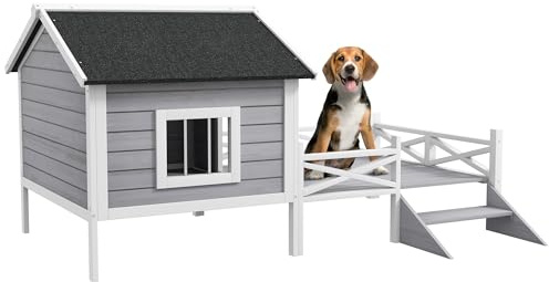 PawHut Outdoor Dog House with Porch, Wooden Dog Kennel with Water-resistant Asphalt Roof, Ladders, Fencing, Window, for Small and Medium Size, Grey