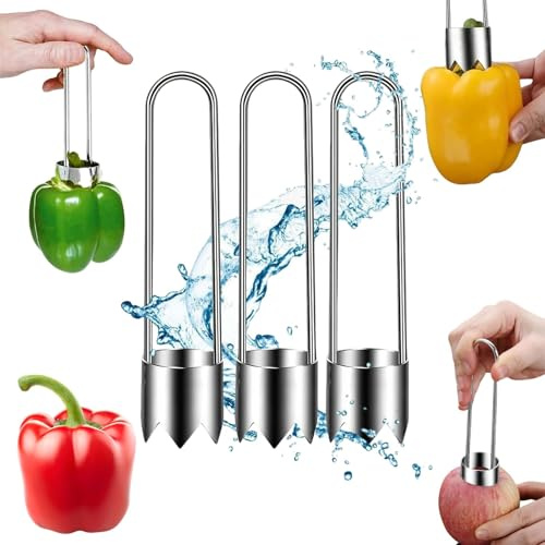 3PCS Red Bell Pepper Seed Corer-Multifunctional Fruit And Vegetable Core Remover,Kitchen Gadgets for Pepper, Pineapple, Pear (silvery)