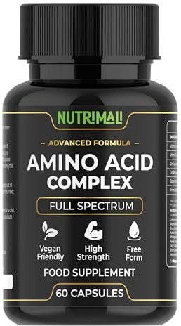 Amino Acid Supplements – Full Spectrum All BCAA, EAA + Vitamin C & Botanical Blend – High Strength, Free Form – 60 Vegan Capsules | By NutriMali