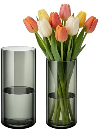 Koelaa Lot de 2 Vases en Acrylique Transparent Gris - Vases Cylindriques Modernes Incassables pour Fleurs, Décoration Mariage, Table - Cadeau Femme/Mariage - 10x20 cm et 12x25 cm