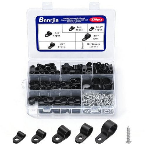 330 Pcs Black Cable Clips Wall, Plastic Wire Cable Clamps with Screws, R Nylon Wire Clips for CordsWire Clamps for Cables, cCable Management Clipss, for Organizing Electric Wires Cords(5 Sizes)