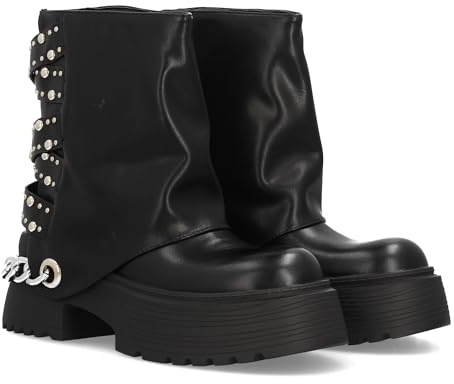 98353 Botin de plataforma para mujer con cana ancha y multiples detalles metalicos, incorpora tiras cruzadas con tachuelas y cadena, cierre de cremallera. Ideal Otono Invierno. Negro Talla 38