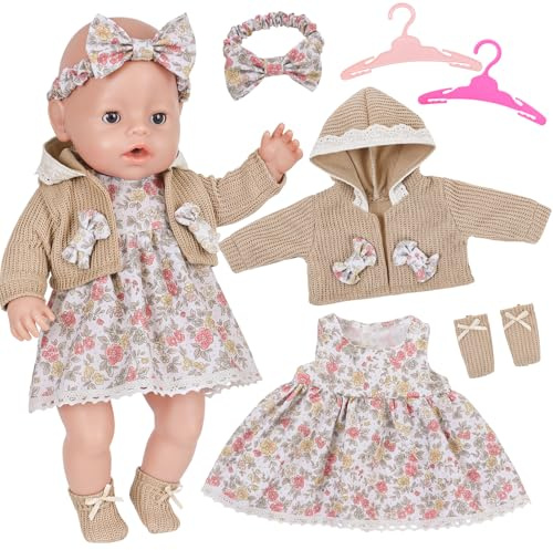 6 st. dockkläder för 30-40 cm babydockor, khaki jacka, slinga, pannband, klänning, strumpor, klädgalge, dockkläder 30 cm 36 cm 38 cm docktillbehör, presenter för flickor och pojkar