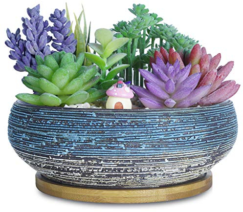 ARTKETTY 8 Zoll große runde saftige Pflanzgefäße mit Drainage Bambusschale Keramik glasierte Bonsai Töpfe für Innen- / Außenpflanzen Garten dekorative Kaktusblumenbehälter Schüssel