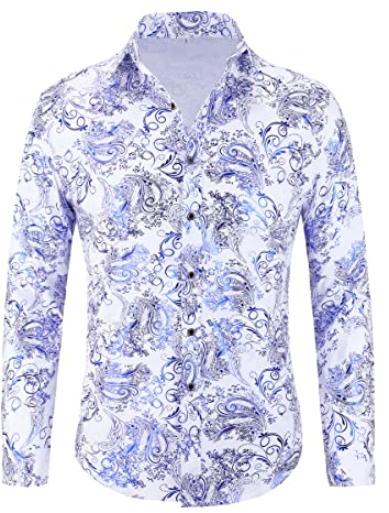 Allthemen Herren Jacquard Hemd Langarm Satin Freizeithemd Paisley Herrenhemd für Party Hochzeit Weiß L