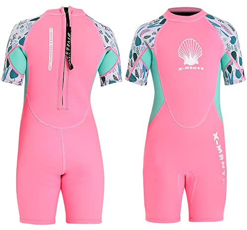 NATYFLY Neoprenanzug Kinder 2.5mm Neopren Thermal Badeanzug Jungen Mädchen Lange/Kurze Ärmel Tauchanzug Zurück Reißverschluss Einteilige Badebekleidung (9. Neues Rosa-2/Kurze Ärmel, 4-6 Jahre)