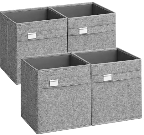 SONGMICS Aufbewahrungsbox, 4er Set, Ordnungsboxen, 26 x 26 x 28 cm, 2 Griffe, faltbar, Oxford-Gewebe, Leinenimitat, pflegeleicht, Metall-Etikettenhalter, für Würfelregal, taubengrau ROB226G04