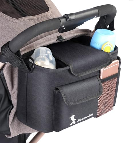 Kinderwagen Organizer Universal Kinderwagentasche Baby Buggy Organizer Aufbewahrungstasche mit Befestigungshaken Schultergurt für Windeln, Flaschen, Tücher, Handys, Schwarz