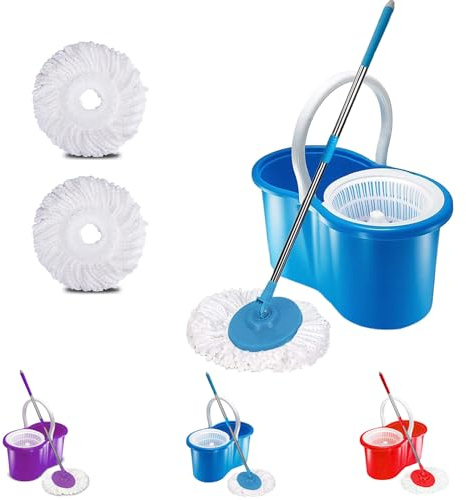 Crystals Mop and Bucket Set, Spin Mop for Cleaning Floors with Two Mop Heads, 1 x Mop, 2 x Mop Heads, 1 x Spin Bucket (Blue)