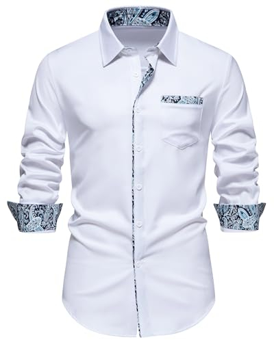 Men's Inner Contrast Dress Shirt Paisley Business Casual Smart Formal Classic Long Sleeve Regular Fit Button Down Wedding Party Work Shirts with Pockets-A355-White-XL