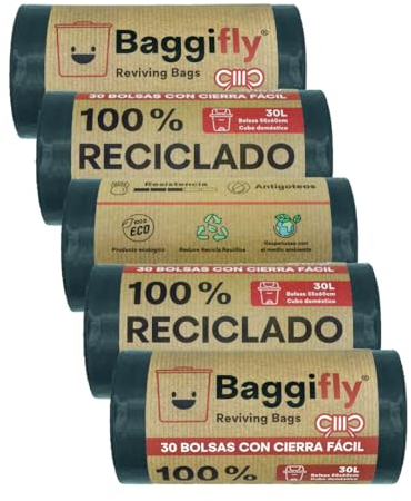 Baggifly, Bolsas de Basura 30L, 150 Bolsas Muy Resistentes, 100% Recicladas, Cierra Fácil, ECO Friendly, Uso Doméstico, Pack 5 x 30, Fabricado en España