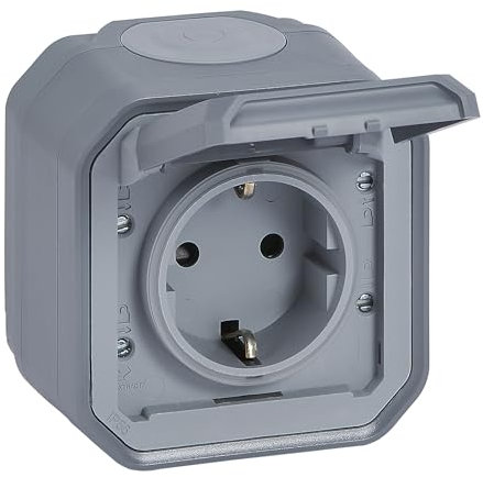 LEGRAND, Plexo New 069733L Prise Schuko standard pour pièces humides, avec couvercle à charnière, protection anti-contact, installation avec bornes à vis, 16 A, 250 V, IP44 - IK07, gris