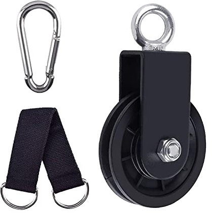 Kugooyi Umlenkrolle Seilrolle mit Hängegurt Karabiner, 360° Schwenkbar Kabel Pulley für Schaukelzubehör Wäscheleine Latzugstange Seilzug Fitness DIY Heim-Fitnessgeräte (90 mm)