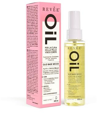 REVÉE OIL, Olio Secco Corpo e Viso - Mandorle, Rosa Mosqueta e Vitamina E – Elasticizzante, Lenitivo – Ideale per Pelle Secca, Cicatrici, Smagliature – 100 ml