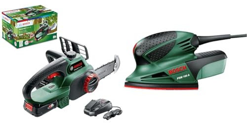 Bosch Home and Garden Cordless Chainsaw UniversalChain 18 (battery 2.5 Ah, charger, SDS system & Bosch Home and Garden Multi Sander PSM 100 A (100 W, in case)