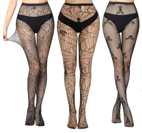 Elepl 3 PCS Collant a Rete Nero Halloween Calze Rete Ragno & Teschio Alta Elastiche Calze Rete a Vita Alta Collant a Rete Nere Donna Calze Collant per Halloween Costume Accessorio Cosplay