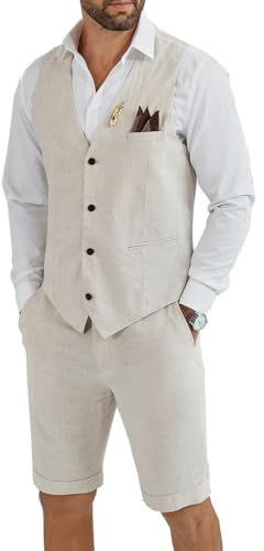 Tiefony Men's Linen 2 Piece Suit Slim Fit Wedding Groom Groomsmen Summer Vest Shorts Set, Off-White, L