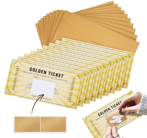 DHFUCNKO 10 Pack Golden Ticket Scratch-Off Cards with Envelopes, Deluxe Golden Ticket Surprise Scratch Off Card, Scratch Card Reveal, Gifts for Men or Gifts for Women, Birthday Voucher