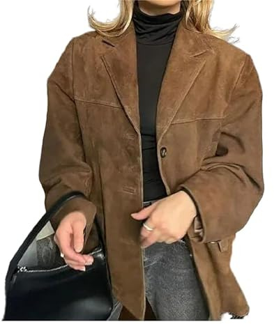 Vestes de Costume en Daim pour Femmes Flip Neck Suede Leather Jacket Automne Hiver Casual Imitation Daim Jacket