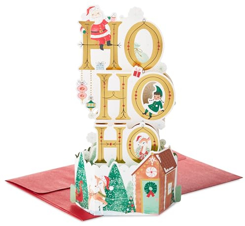 Hallmark julkort, vinter underland design, 3D och pop up-kort, jultomten, älvor, grön, röd, guld