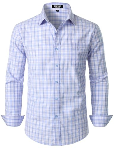 JEMITOP Men's Transitional Weather Long Sleeve Slim Fit Button Down Shirts Business Casual Button up Plaid Dress Shirt Blue Purple Gingham L