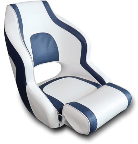 Vancus Deluxe High Back Boat Seats Premium Sports Flip Up Captain Bucket Seat Boat Chair with Armrests and Bolster, White & Blue