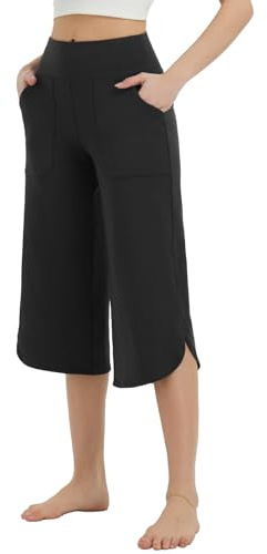 baleaf Pantaloni Capri da donna dritti a gamba larga pantaloni da yoga con tasche yoga capris leggings a vita alta allenamento casual estate, Nero , S