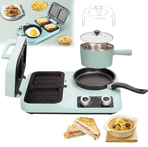 Macchina Per La Colazione Elettrica Da 800 W, Stazione Per La Colazione 4 in 1, Con Piastra Antiaderente + Teglia Da Forno + Pentola Da 1,3 L, Lavoro A Doppia Zona, Per 2~3 Colazioni ,Light Green