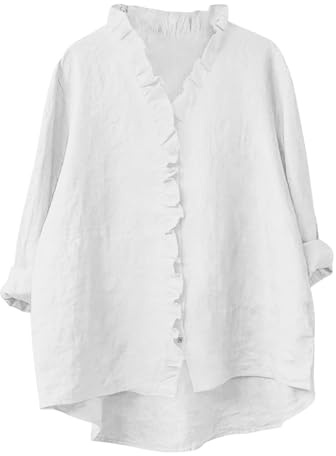 Camicette da donna casual con colletto alla coreana, maniche a 3/4, camicetta estiva con volant in cotone e lino, camicia aperta sul davanti, top a tunica di base, comoda maglietta per uscire e per le
