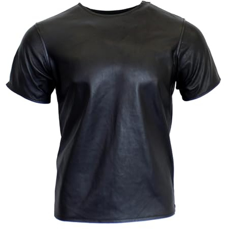 Rumble Products T-shirt en cuir véritable pour homme | Chemise noire à manches courtes et col rond | T-shirt en cuir véritable doux pour Biker Club, noir, Taille XL