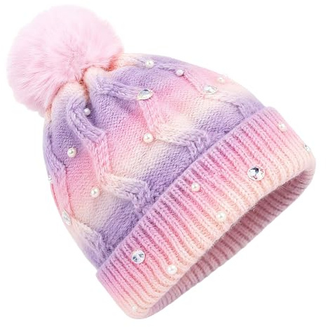 PinkSheep Toddler Winter Hat, Cute Girls Warm Beanie with Pom Pom and Fleece Lined Winter Hats,Fashion Kids Knit Beanies Cap Pearl
