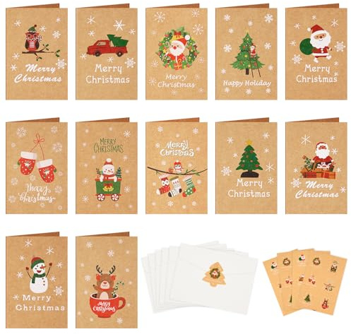Leikedun 24 Pezzi Biglietto Auguri Natale con Busta e Adesivi, Biglietto Auguri Natale Regalo, Cartoncini Augurali di Carta Kraft, 12 Modelli con Disegni