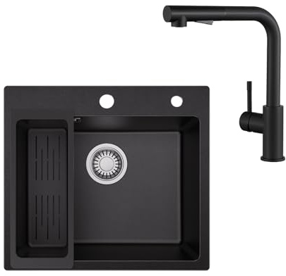 Sofetiy Lavello in granito nero 50x45 cm con rubinetto da cucina estraibile set, lavello da cucina angolare da incasso con scarico, miscelatore nero in acciaio inossidabile, lavandino da cucina