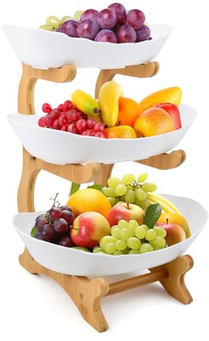 DODUOS Cesto per Frutta 3 Piani Cesto Frutta Plastica,Porta Frutta da Tavolo, Portafrutta a Ripiani per La Famiglia, Portafrutta Moderna con Supporto in Bambù Naturale per Frutta,Verdura