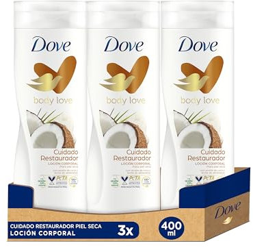 Dove Crema Hidratante Corporal Restauradora Con Aceite de Coco 100 por ciento Natural y Leche de Almendras para Piel Seca, Pack de 3 x 400 ml, Multicolor